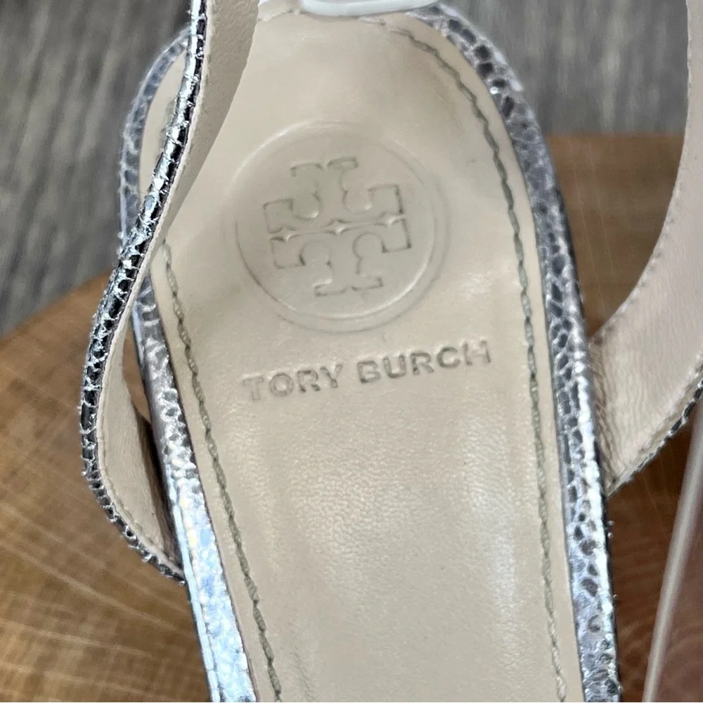 *Tory Burch | Elana Leather Silver Heeled Sandals With Ankle Straps Size 6